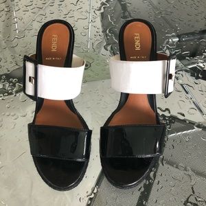 FENDI Black & White Patent Leather Wedges